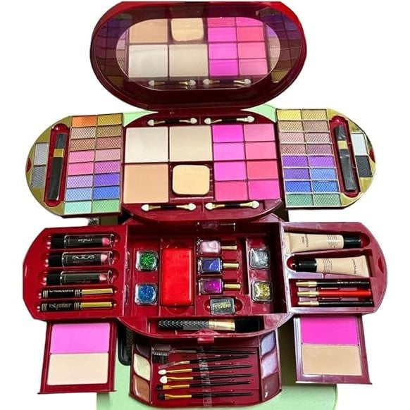 lchear Cosmetics Makeup Palette, 32 Eyeshadows, 4 Blushes, 6 Lip Colours, Oval Case, Red