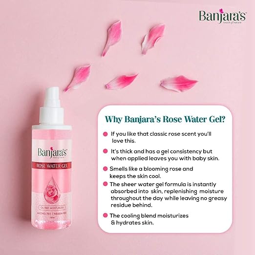 Banjara's Rose Water Gel | Oil Free Hydrating Spray Mist with Rose petal Extracts | Clears Impurities, maintains skin pH levels, Helps tighten pores | For Skin, Face,200 ml (100 ml X 2 Pack)