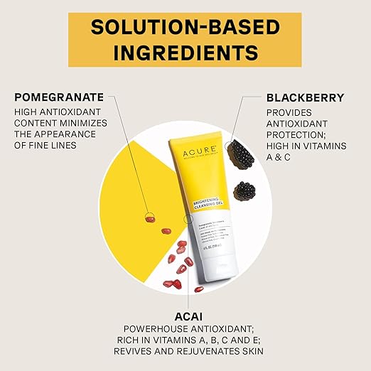 ACURE Brightening Cleansing Gel | 100% Vegan | For A Brighter Appearance | Pomegranate, Blackberry & Acai - Antioxidant- Rich & Super Gentle | All Skin Types | 4 Fl Oz