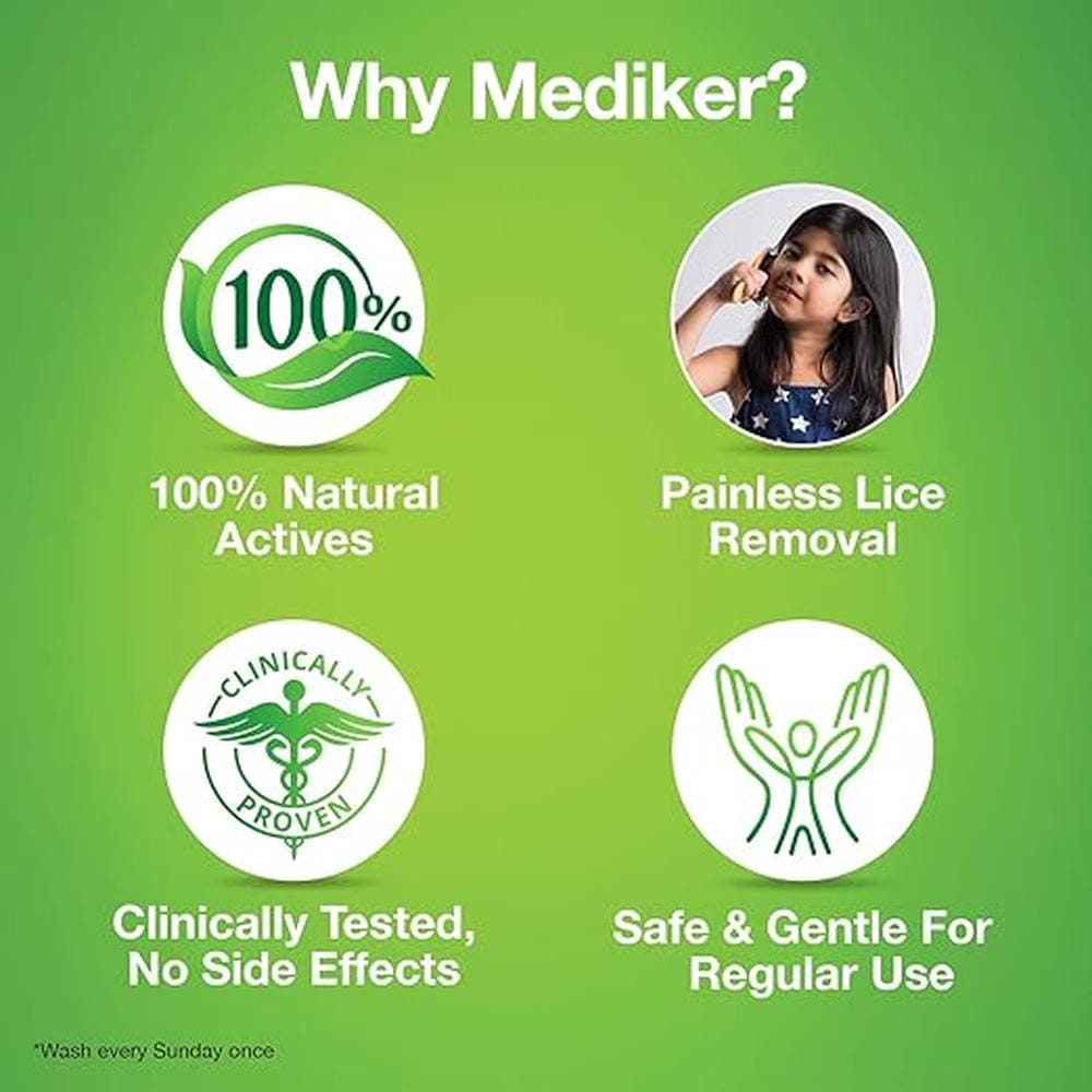Mediker Anti Lice Treatment Shampoo with Neem & Coconut for Lice & Eggs | Relieves Itching from Lice Bite & Prevents Re-infestation | Painless Lice Removal | Safe for Children | 50 ml