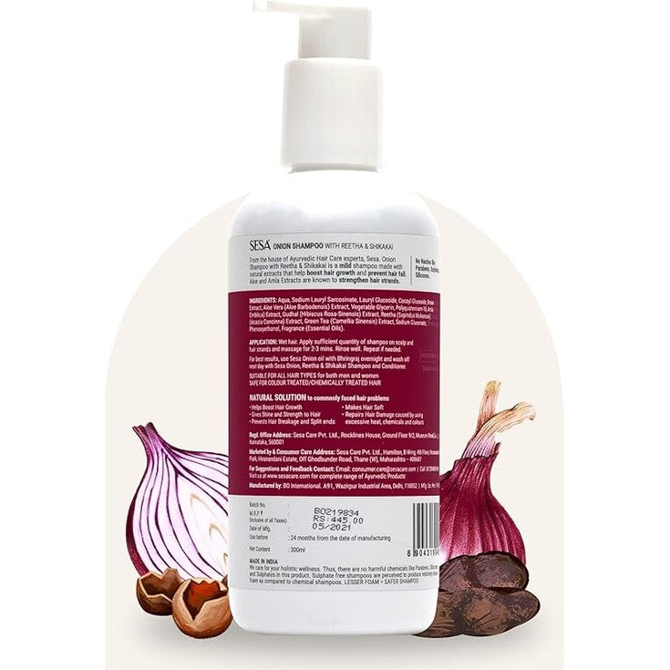 Sesa Onion Shampoo with Reetha & Shikakai | Hair Growth, Hair Damage, Hair Strengthening & Hairfall Control | No Sulphates, Parabens, Silicones & Artificial Color | 300 ml (Pack of 1)