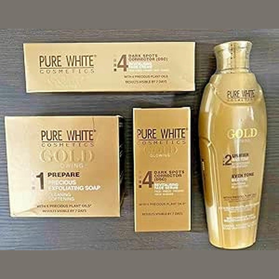 AROOSH (FZE) PURE WHITE GOLD GLOWING LOTION NEW FULL SET OF, Seum, Soap, Cream (4) Pcs