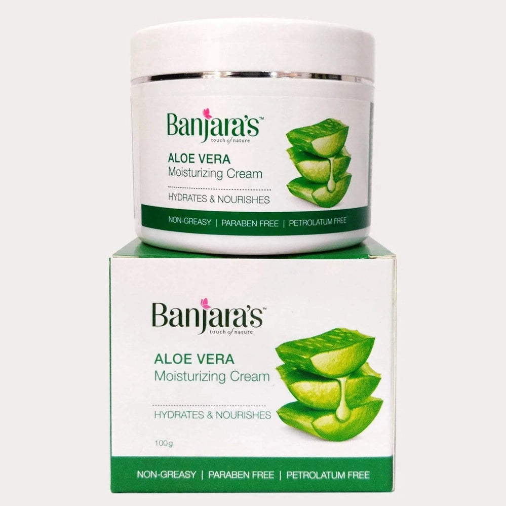 Banjara's Aloe Vera Moisturizing Cream - Hydrates & Nourishes - Non Greasy, Paraben Free, Petrolatum Free - Anti Ageing Cream 100g